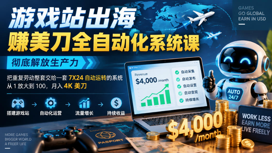 游戏站出海賺美刀全自动化系统课，彻底解放生产力--把重复劳动整套交给一套7X24自动运转的系统，从1放大到100，月入4K美刀