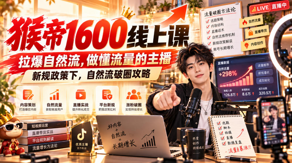猴帝1600线上课，拉爆自然流，做懂流量的主播，新规政策下，自然流破圈攻略【更新261002】